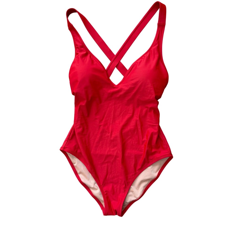 J. Crew One Piece Swimsuit Size 10 Red Crisscross Back V-Neck Removable Pads